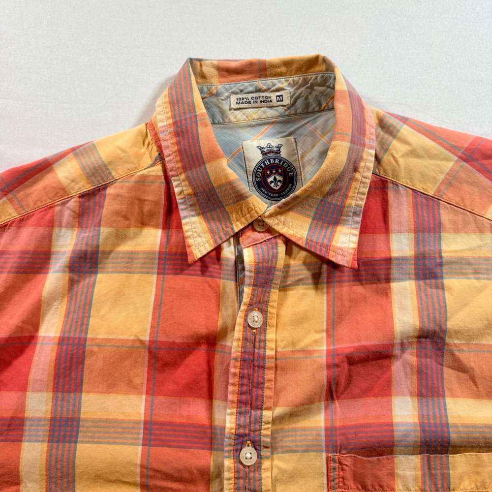 Southbridge Plaid‎ Button Down Shirt Mens Medium Cotton Short Sleeve Casual Pink